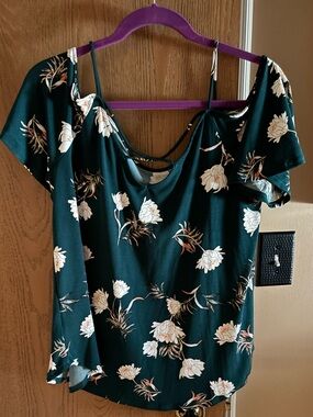 Green Floral Cold-Shoulder Blouse with Strappy Neck